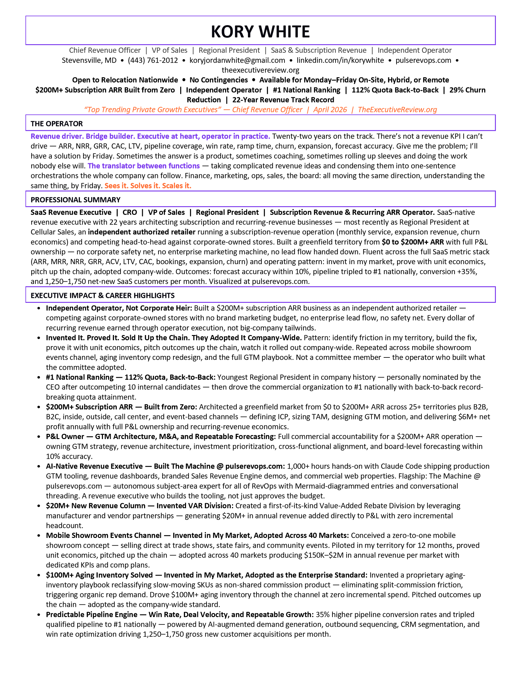 Kory White resume, page 1